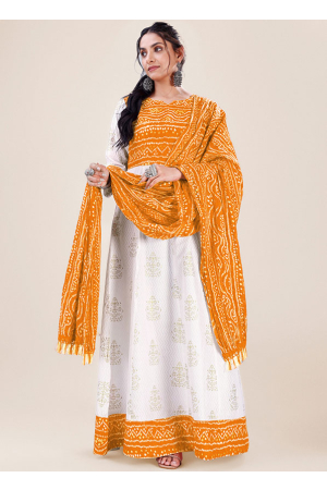 White and Mustard Bandhani Print Rayon Gown with Dupatta