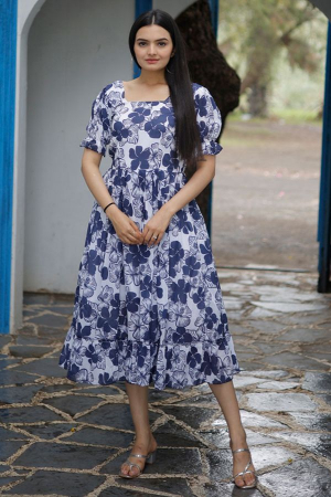 White and Navy Blue Faux Georgette Plus Size Frock Style Kurti