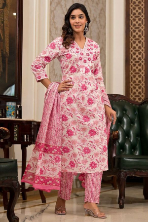 White and Pink Printed Cotton Readymade Pant Kameez