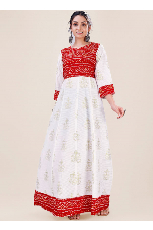 White and Red Bandhani Print Rayon Gown