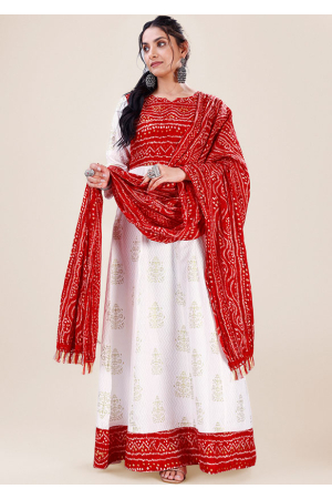 White and Red Bandhani Print Rayon Gown with Dupatta