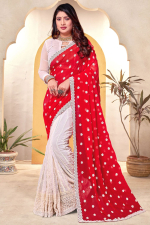 White and Red Georgette Embroidered Saree