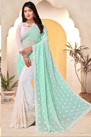 White and Sky Blue Georgette Embroidered Saree