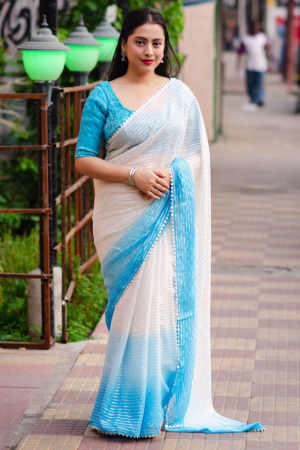White and Sky Blue Party Wear Saree