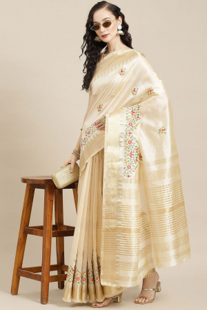 White Assam Cotton Silk Thread Embroidery Work Party Wear Saree