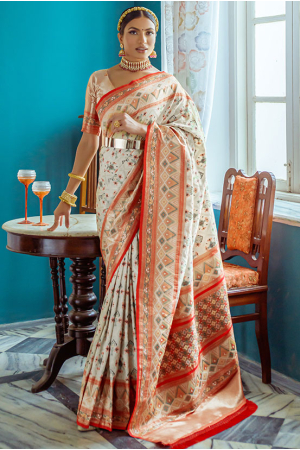 White Banarasi Silk Meenakari Woven Saree