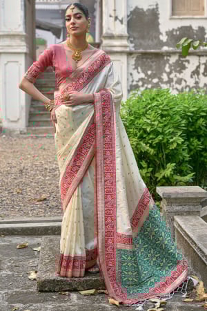 White Banarasi Silk Saree with Patola Design