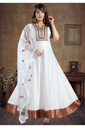White Chanderi Butti Readymade Anarkali Suit