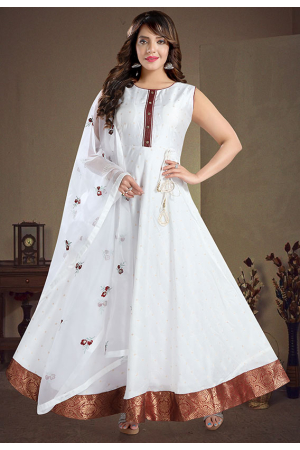 White Chanderi Butti Readymade Anarkali Suit