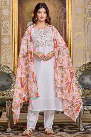 White Chanderi Readymade Pant Kameez