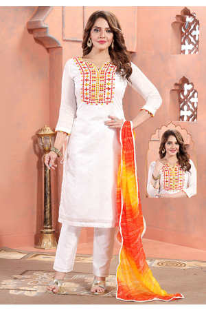 White Chanderi Silk Readymade Pant Kameez