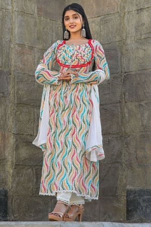 White Chiffon Digital Printed Party Wear Suit