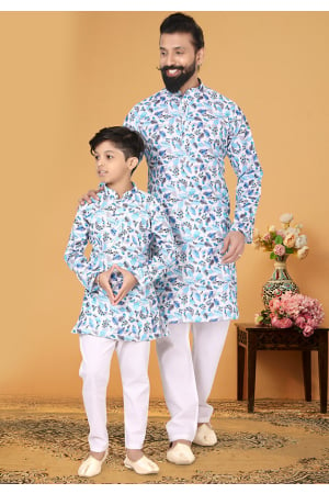 White Cotton Father Son Kurta Set Combo