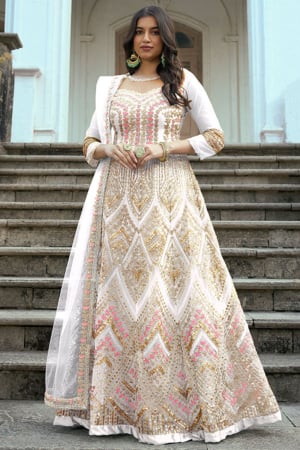 White Designer Embroidered Net Anarkali Suit