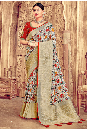 White Dola Silk Saree with Embroidered Blouse