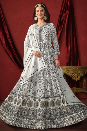 White Embroidered Faux Georgette Anarkali Suit
