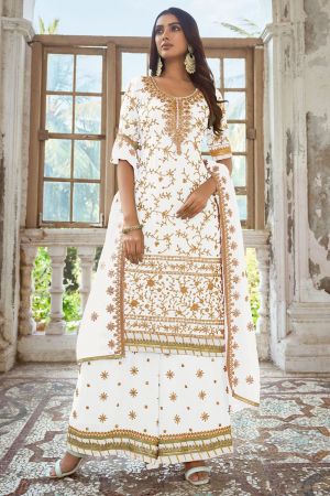 White Embroidered Faux Georgette Palazzo Kameez