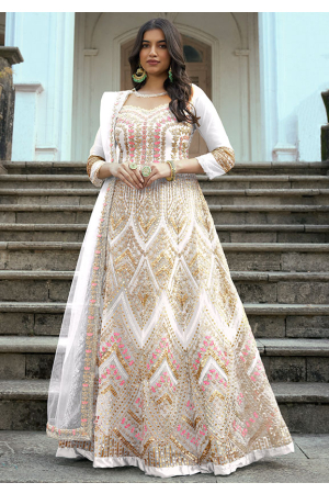 White Embroidered Net Anarkali Suit