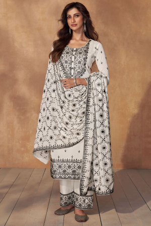 White Embroidered Silk Readymade Trouser Kameez