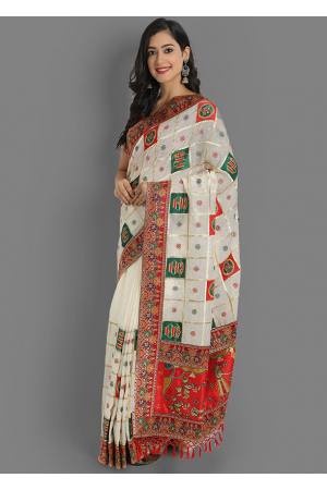 White Embroidered Silk Saree