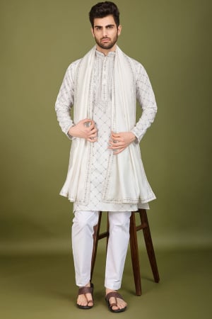 White Embroidered Viscose Silk Kurta with Dupatta