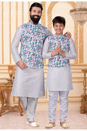 White Father Son Kurta Set with Jacket Combo