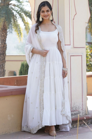 White Faux Georgette Anarkali Gown with Dupatta