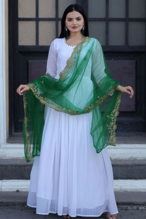 White Faux Georgettte Gown with Embroidered Net Dupatta