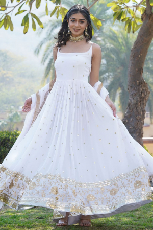White Flared Faux Georgette Gown with Dupatta