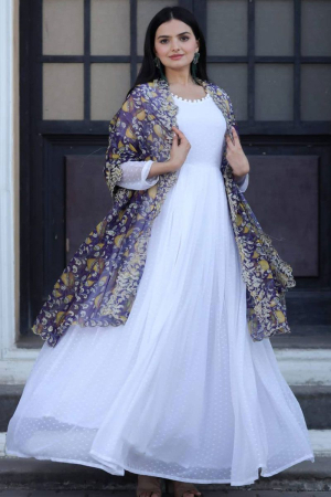 White Flared Georgette Gown with Organza Dupatta