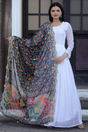 White Flared Georgette Gown with Organza Dupatta