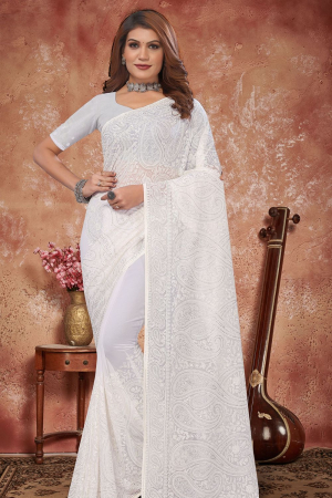 White Georgette Resham Embroidered Saree