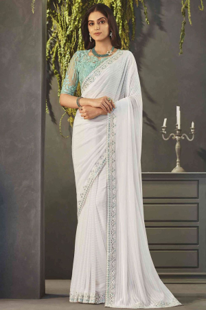 White Georgette Shimmer Saree with Embroidered Blouse