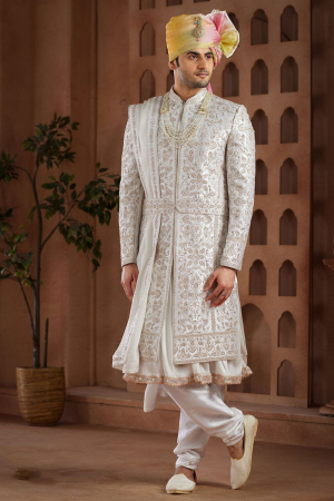 White Heavy Wedding Wear Sherwani
