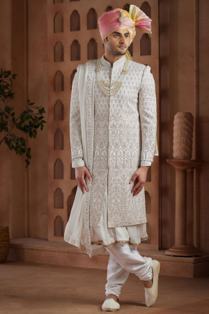 White Heavy Wedding Wear Sherwani