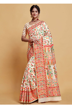 White Kashmiri Weaving Modal Silk Saree