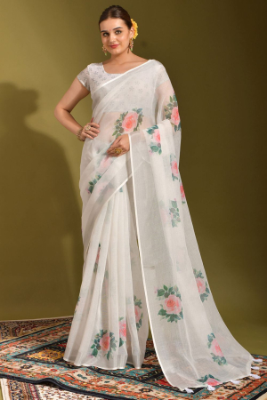 White Linen Printed Saree