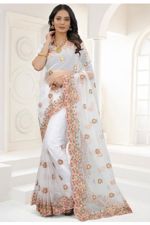 White Net Heavy Embroidered Saree