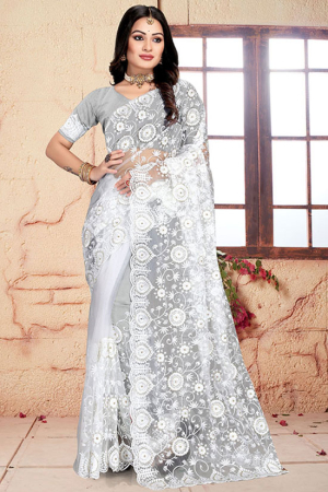 White Net Heavy Embroidered Saree