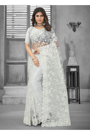 White Net Heavy Emnbroidered Saree