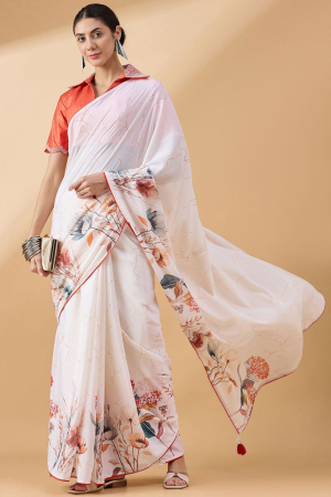 White Party Wear Saree with Stitched Blouse