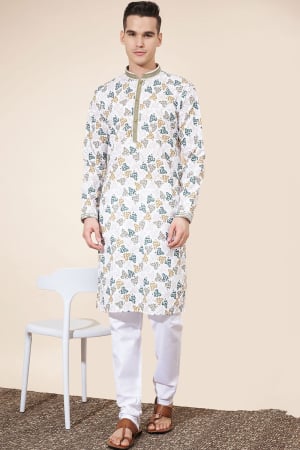 White Printed Cotton Kurta Set