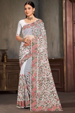 White Resham Embroidered Net Saree