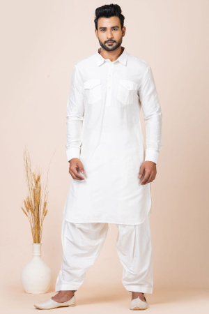 White Silk Viscose Pathani Kurta Set
