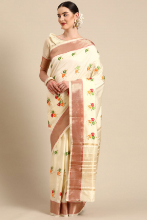White Soft Cotton Silk Thread Floral Embroidery Work Party Wear Saree