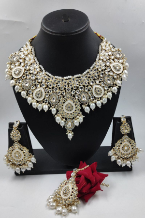 White Stones and Pearls Studded Designer Necklace Set
