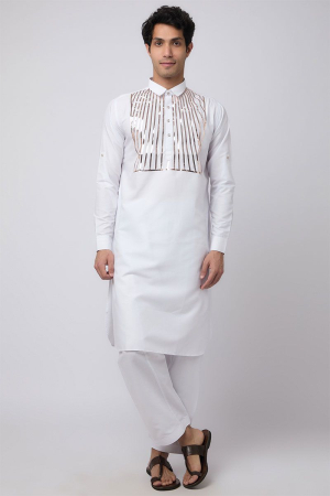 White Striped Cotton Pathani Kurta Set