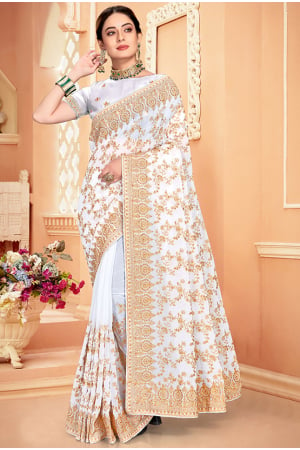 White Zari Embroidered Georgette Saree