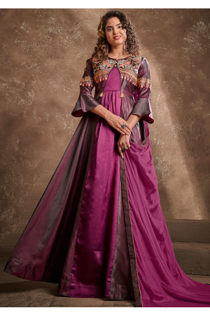 Wine and Burgundy Embroidered Silk Readymade Anarkali Suit