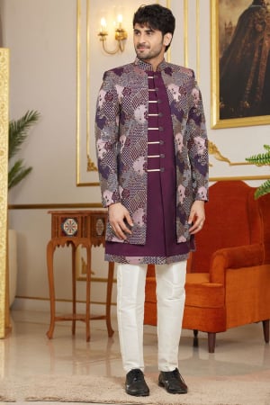 Wine Art Silk 3 Piece Indo Western Outfit for Wedding